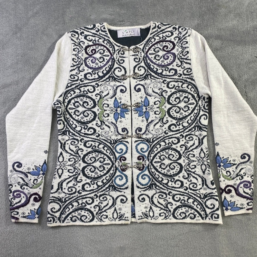 Simply Natural‎ Embroidered Cardigan Sweater Jacket Alpaca Norwegian Style EUC
